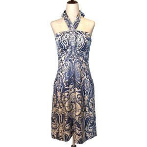 J. McLaughlin Blue & White 100% Silk Halter Dress